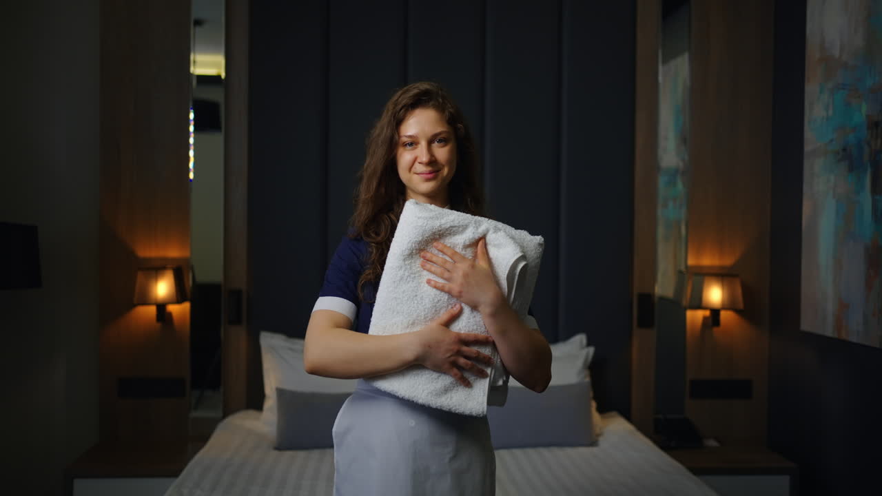 호텔 방 에서 수건 을 들고 있는 미소 짓는 하녀