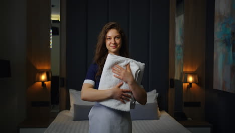 smiling maid holding towels in a hotel room