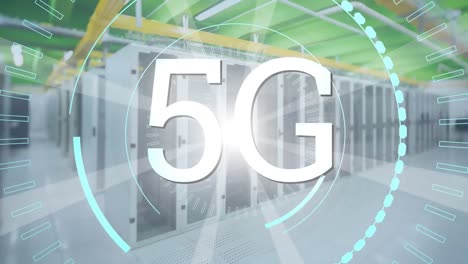 Animation-Des-5G-Text--Und-Scope-Scannens-über-Dem-Serverraum