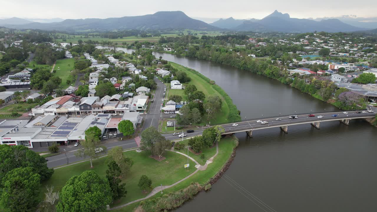 Aerial View Of Cars Driving On The Road Bridge Over Tweed River In Murwillumbah, NSW, Australia.