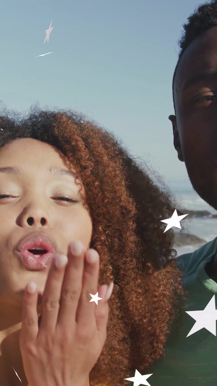 Vertical video: Star popping across faces, causing woman blowing kisses, man smiling by sea for ads