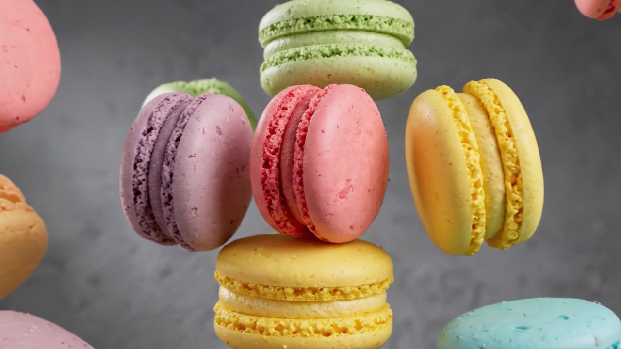 A Colorful Array of Floating Macarons Showcasing Various Flavors and Textures, Perfect for Dessert Lovers and Aesthetic Food Photography Enthusiasts.