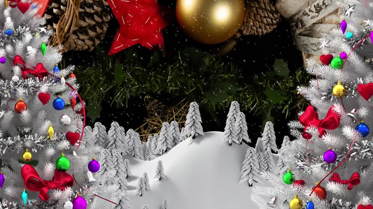animación de árboles de navidad y nieve cayendo sobre el paisaje de invierno.
