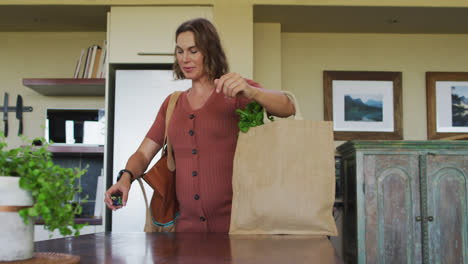 mujer embarazada caucásica regresando de las compras con una pesada bolsa de papel de verduras