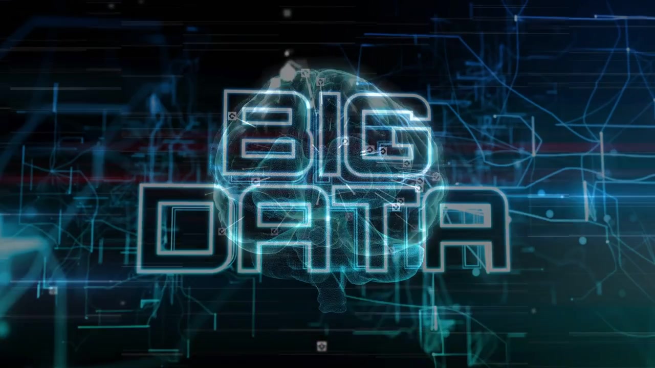 Impulso del nodo che si avvia, cervello olografico che pulsa mentre il testo BIG DATA si forma e si allinea mostrando una mappa di dati