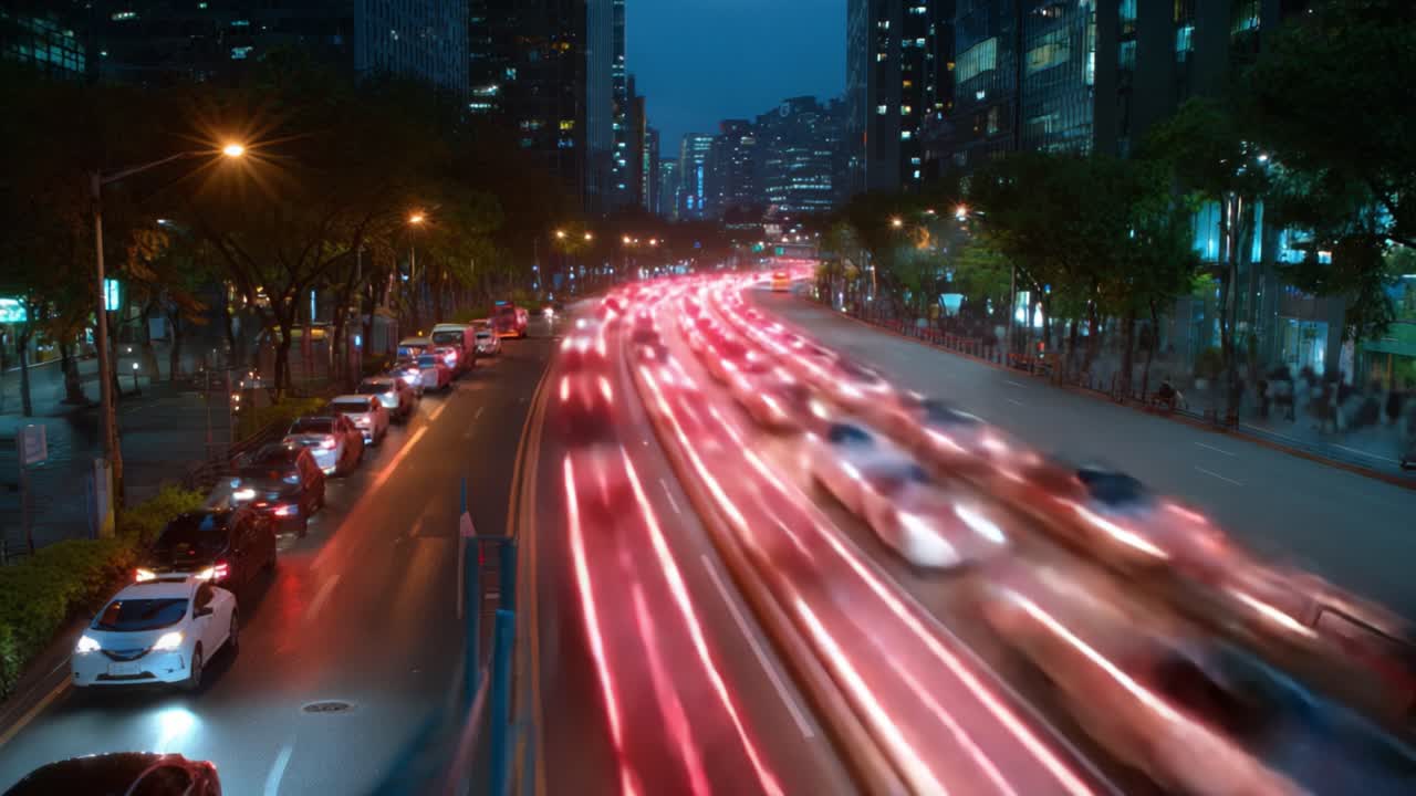 Lalu Lintas Kota Malam Hari yang Dinamis: Jejak Cahaya Cerah dari Mobil dan Bus di Jalan Raya Perkotaan yang Ramai di Tengah Gedung Pencakar Langit dan Lampu Kota.
