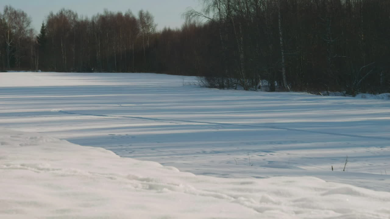 Time lapse of tree shadows moving across snowy field in Finland