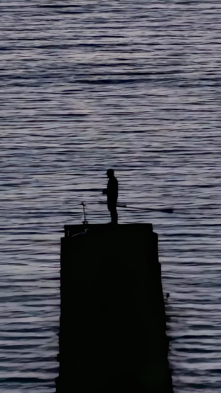 縦型動画：ダークジャケットとキャップをかぶった男性が棒に気づき、振り返り、夕暮れの桟橋で竿を確認している。