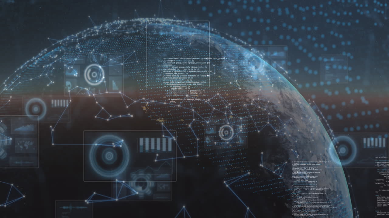 Animation of scopes scanning, data processing and network of connections over digital planet earth