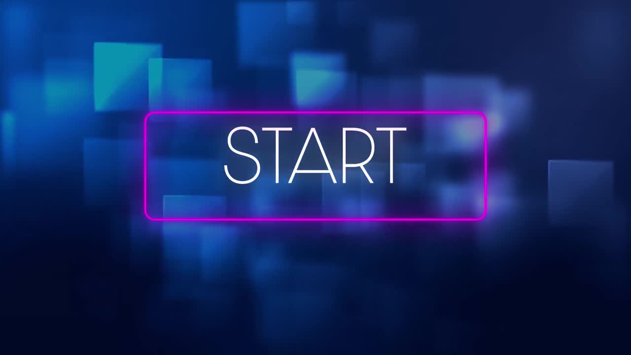 Digital animation of start text on neon box frame against multiple square shapes on blue background