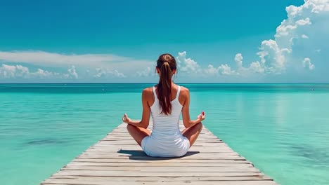 a woman sitting on a dock meditating on the beach