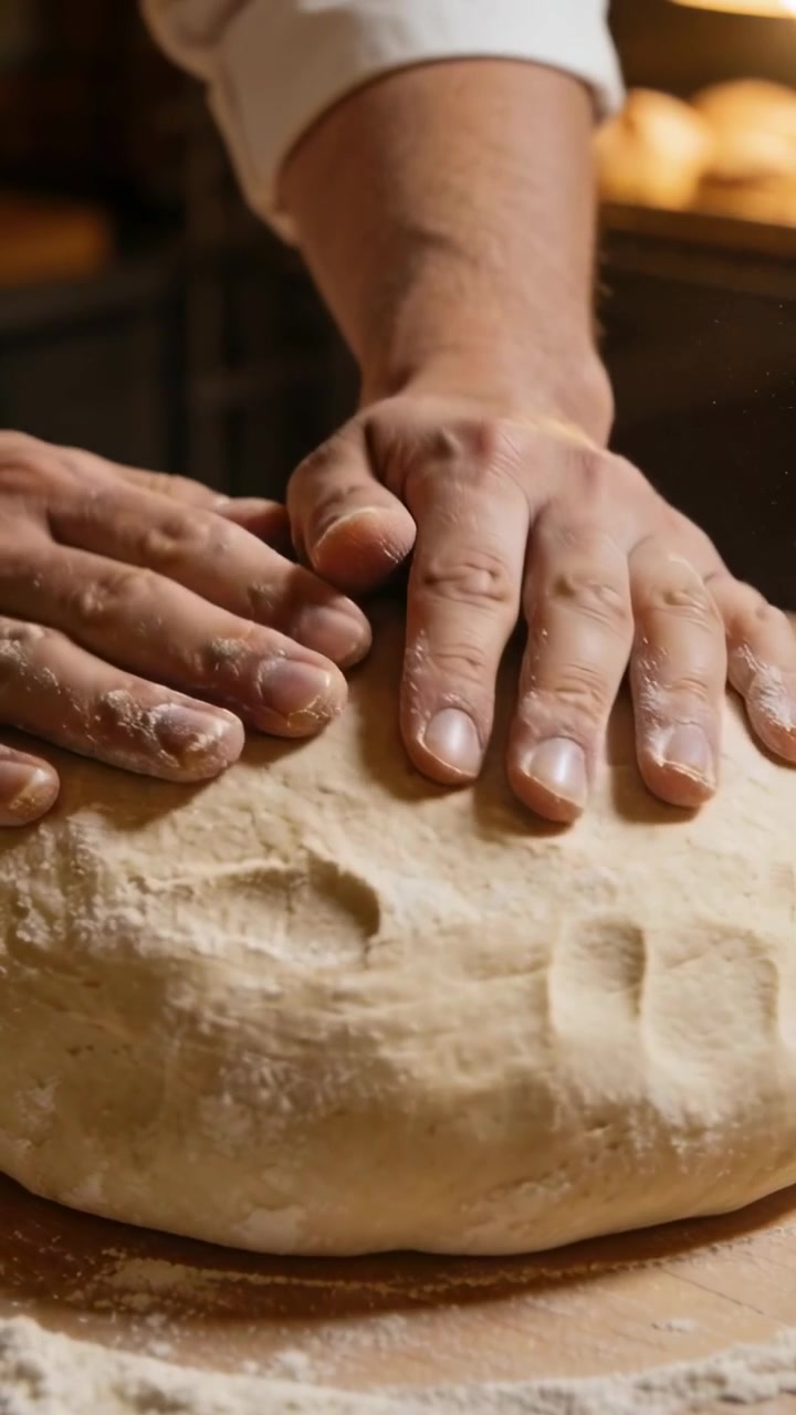 Vertical video: Placing hands baker pressing dough on floured board, degassing for baking, jacket