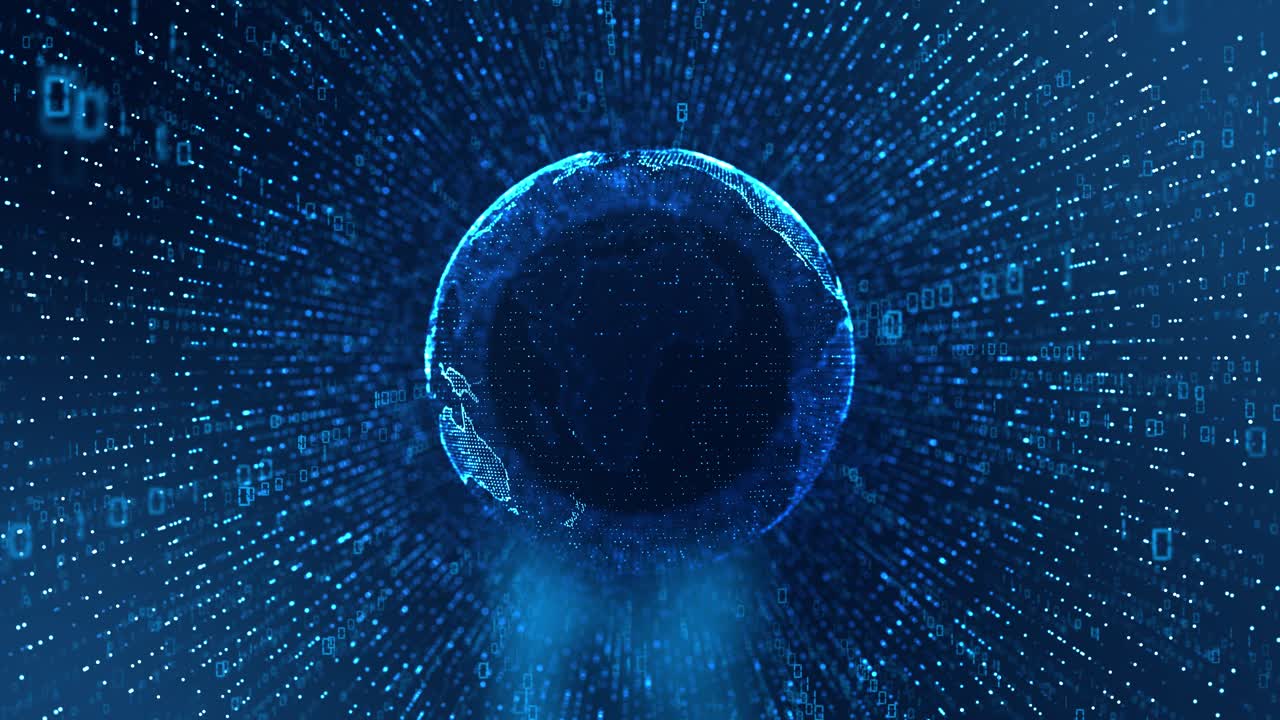 Rotating holographic globe space surrounded by streams of binary code this visual highlights concept