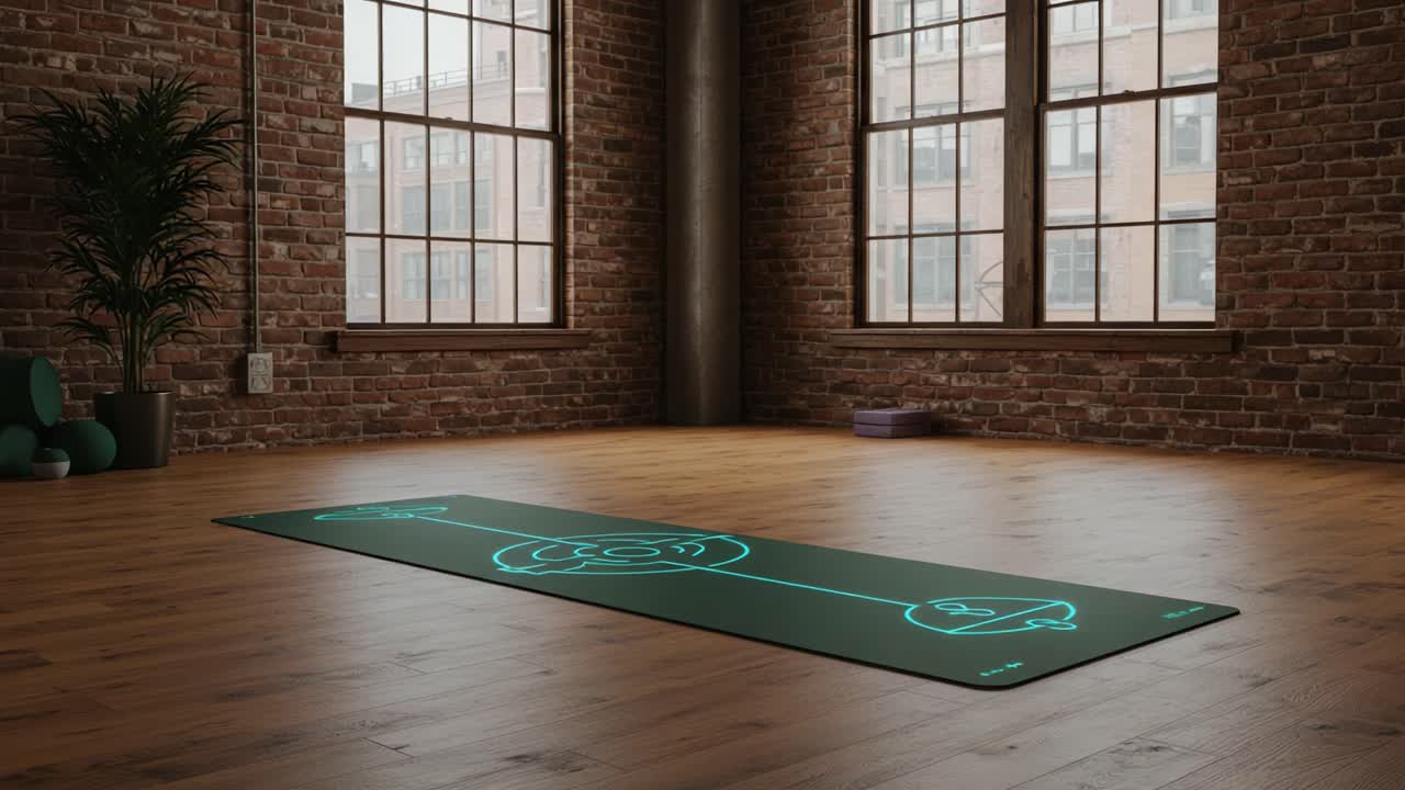 A Serene Yoga Space with a Glowing Mat: A Focus on Mindfulness and Fitness in a Cozy, Brick-Walled Studio