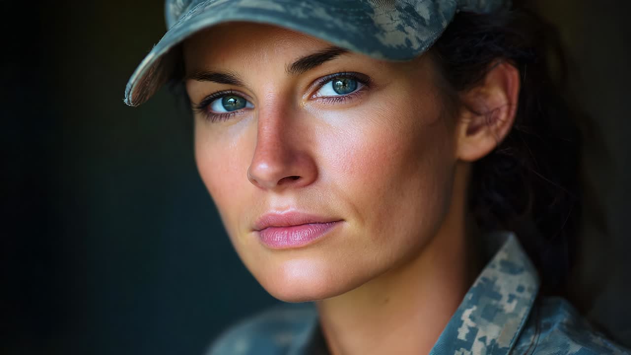A determined expression captures the essence of a soldier, showcasing resilience and commitment while sporting military attire. The eyes reveal strength and depth, embodying the spirit of service and dedication