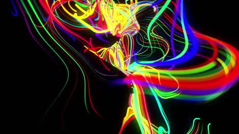 el flujo de fondo abstracto de las líneas de brillo. las partículas de luces en funcionamiento se forman en el espacio 3d brillando hermosas líneas curvas como una bola de cables quemándose con luz de neón. hermoso fondo creativo en bucle en 4k.