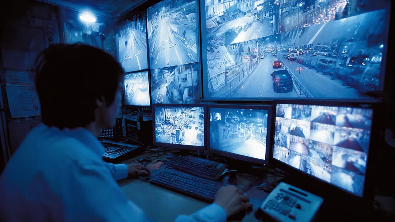 Operador de Vigilancia Monitorea Múltiples Cámaras desde una Sala de Control Central, Supervisando el Tráfico y las Grabaciones de Seguridad en un Entorno de Alta Tecnología