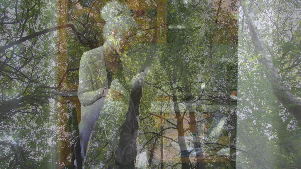 Speaking in suit, man with lush green tree branches animation overlay