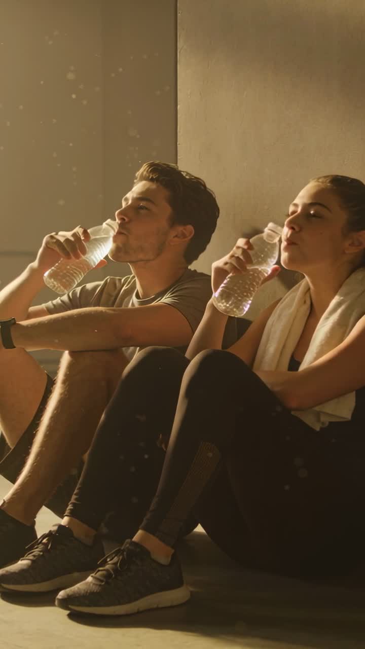 Vertical video: Drinking bottles, man with watch and woman with towel cooling after workout in gym