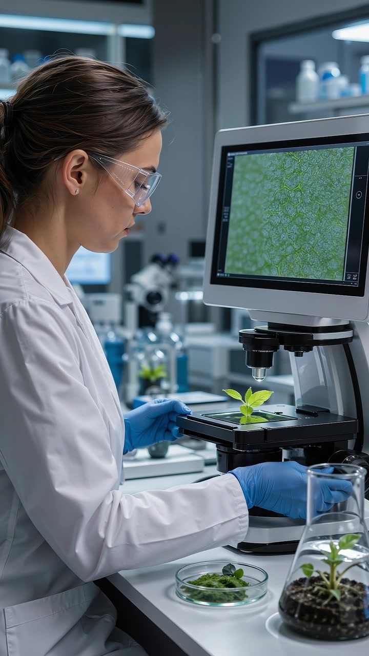 A female scientist in a lab coat examining a plant specimen using a digital microscope system.