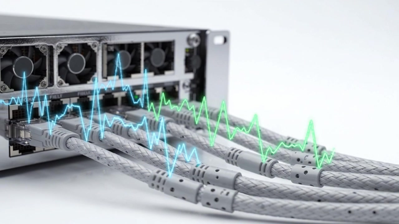 High-Performance Network Switch with Enhanced Connectivity and Data Transmission Visualizations Representing Network Activity and Traffic Flow in Real-Time Analysis