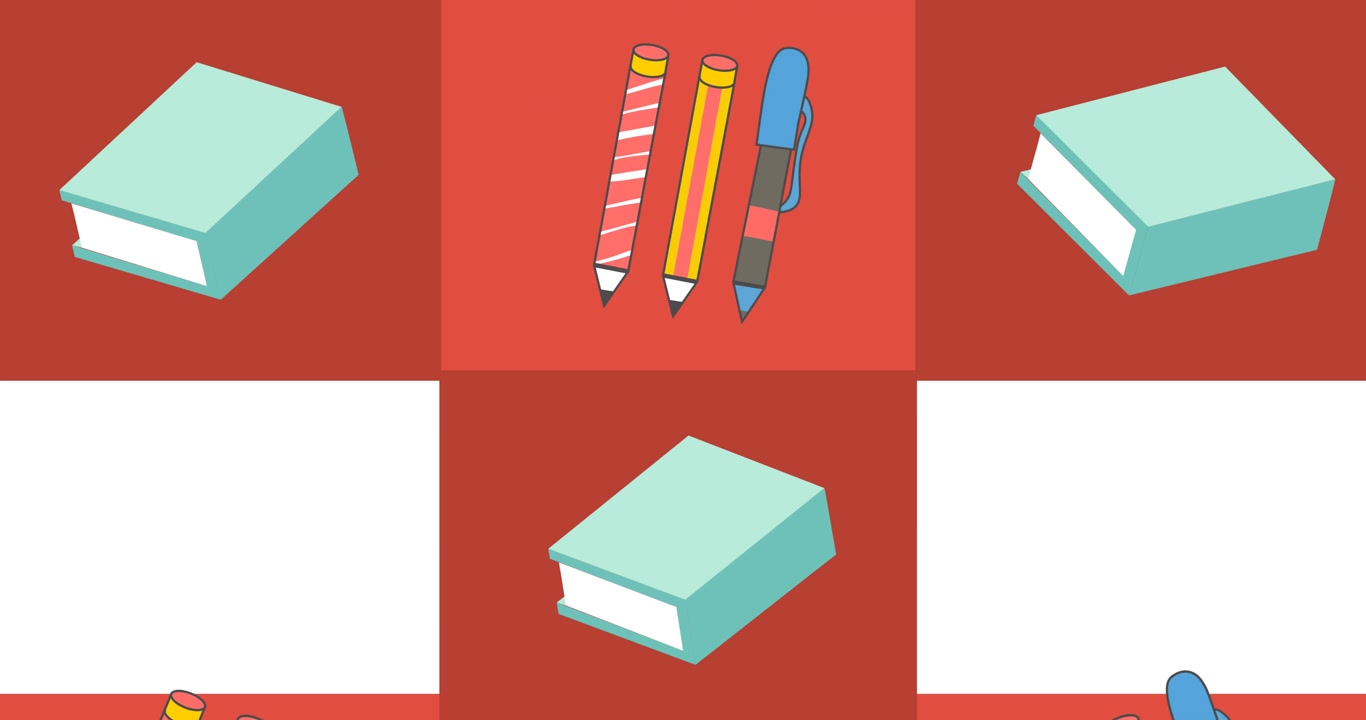 Animation of red rectangles with pens and blue books moving on white background