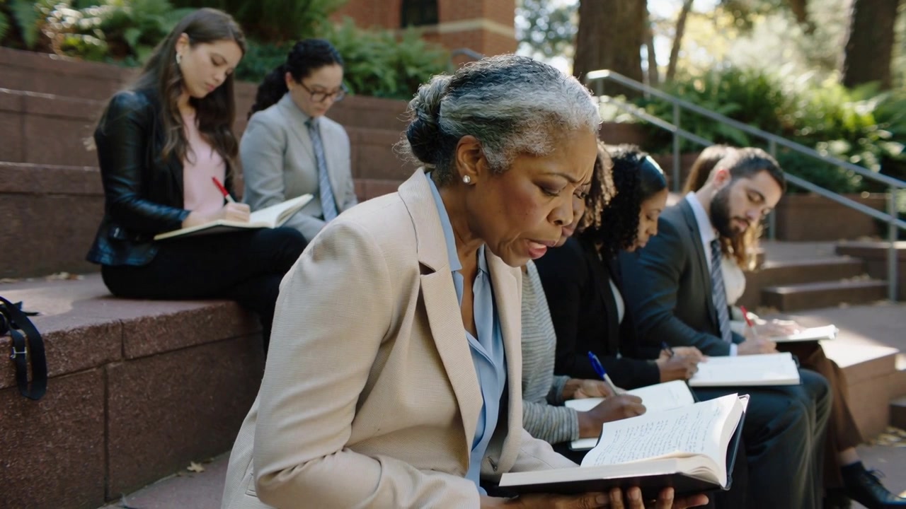 Reading leader in beige blazer starting reading aloud for group study on campus holding open book