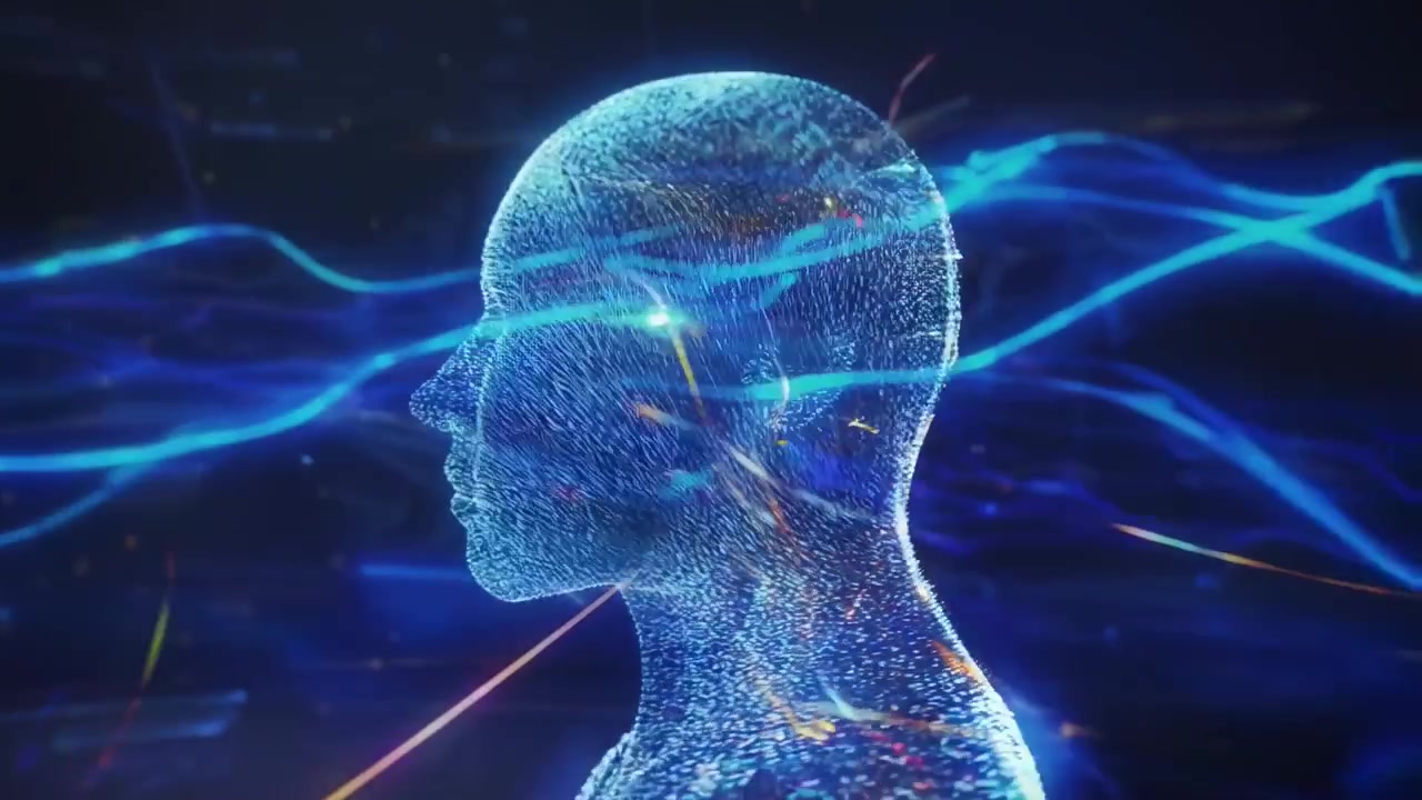 Testa umana digitale formata da particelle luminose e flussi di dati