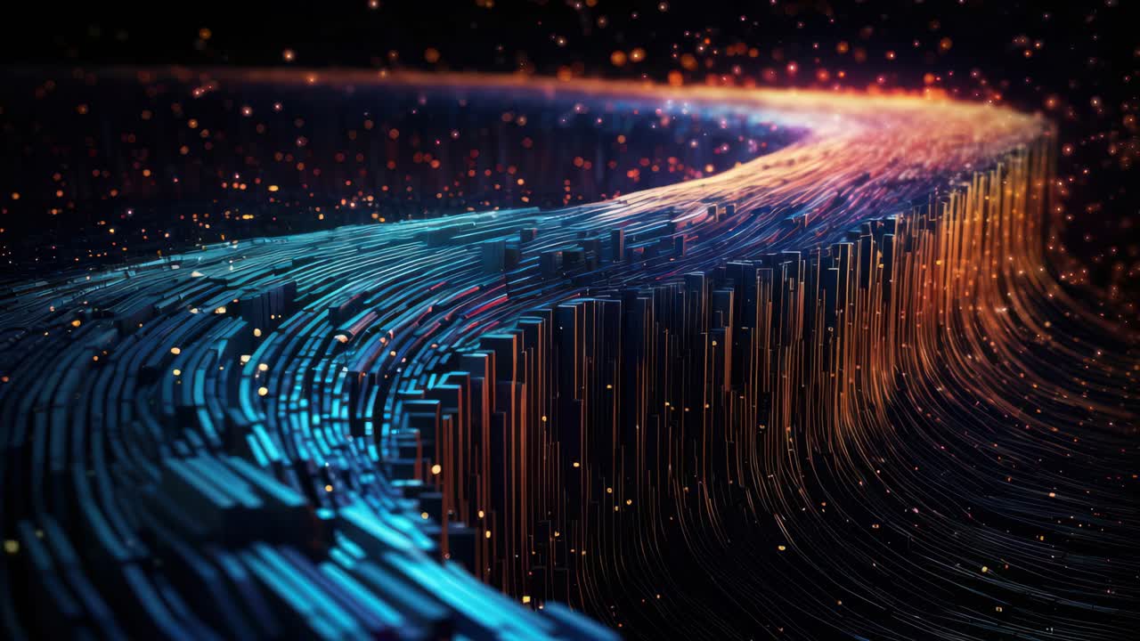 Abstract digital landscape with flowing lines in blue and orange hues