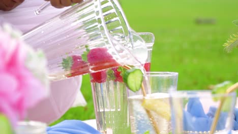 plastic jar with strawberries and water is being poured by brown skin woman for healthy lifestyle party in nature