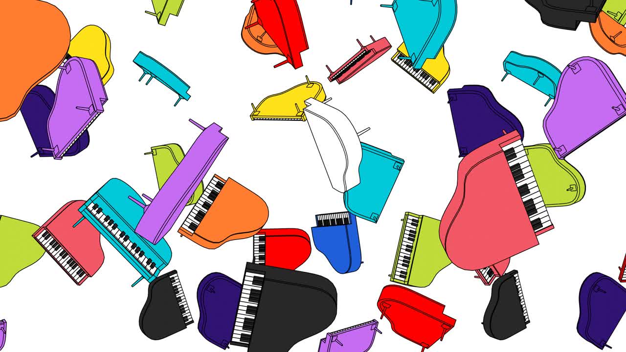 muchos pianos coloridos sobre un fondo blanco.
