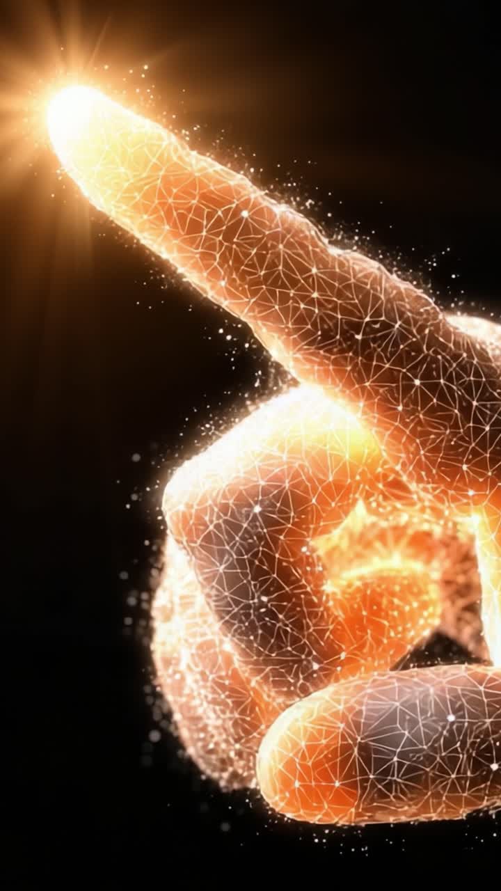Una vista de cerca de un gesto de mano futurista, iluminado por una fuente de luz radiante, que simboliza la innovación, la conexión y la transformación digital en la tecnología moderna