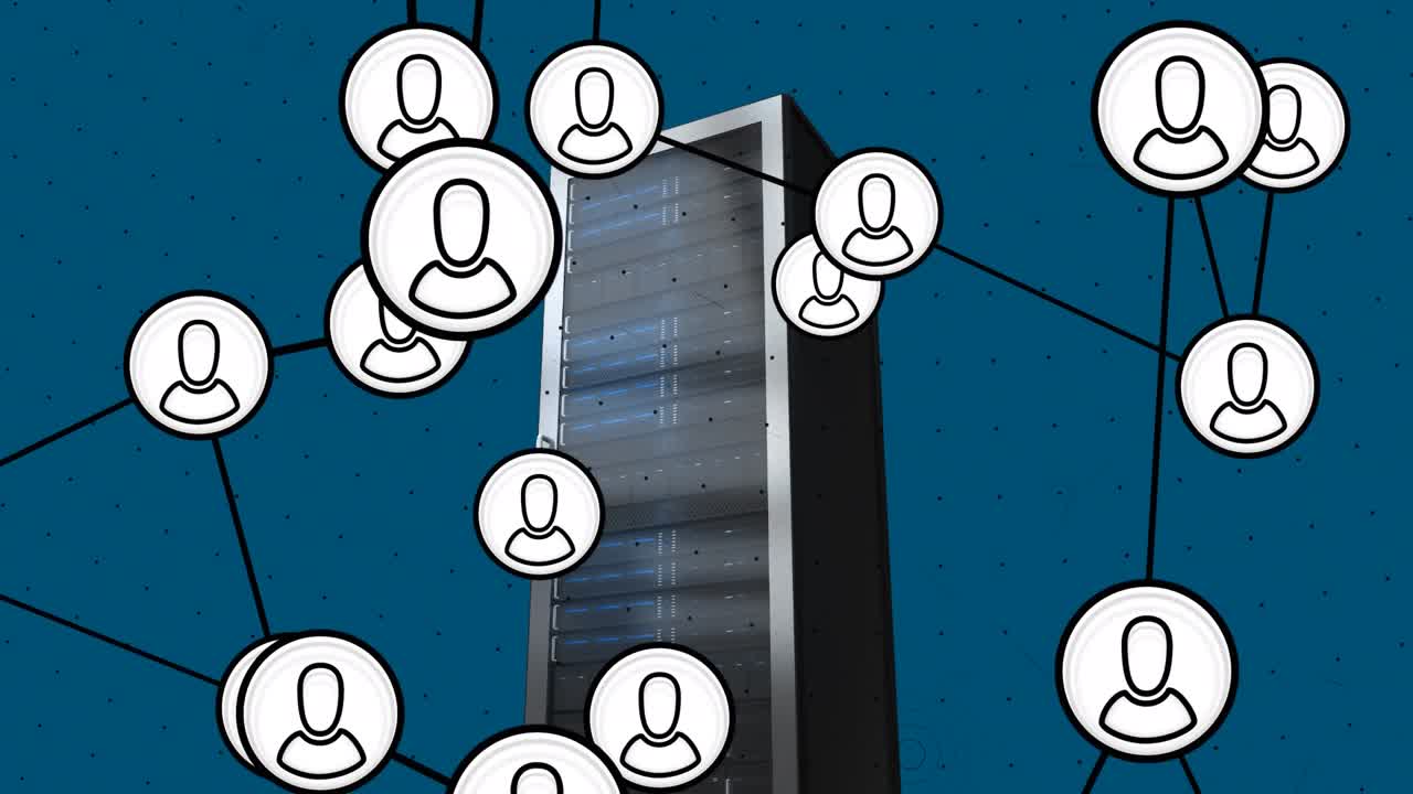 Animazione di una rete di connessioni con icone su un server di computer
