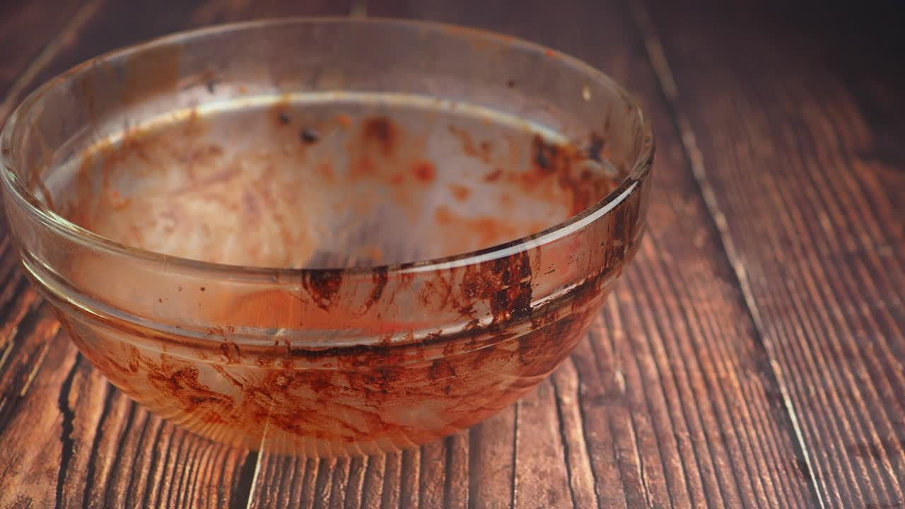 Empty and dirty glass bowl on wooden table