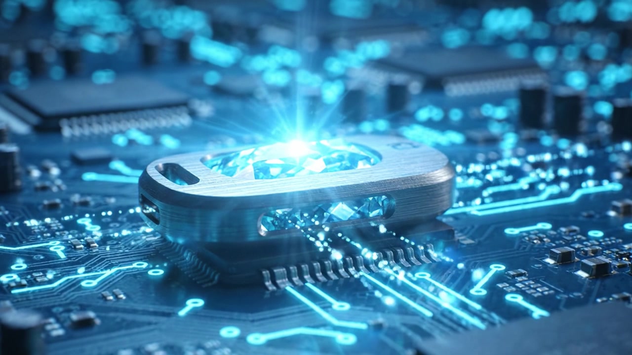 A Captivating Close-Up of a Beautifully Structured Crystal Embedded in a Sophisticated Circuit Board, Illuminating High-Tech Features in a Futuristic Setting
