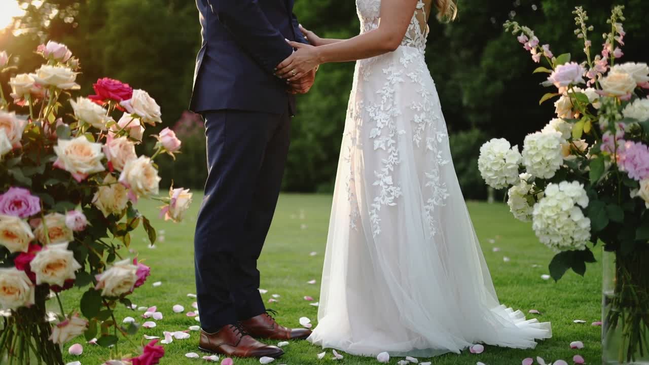 Sposa in abito bianco che si avvicina appoggiando le mani sull'abito dello sposo su un prato tra i petali, unendosi per il matrimonio