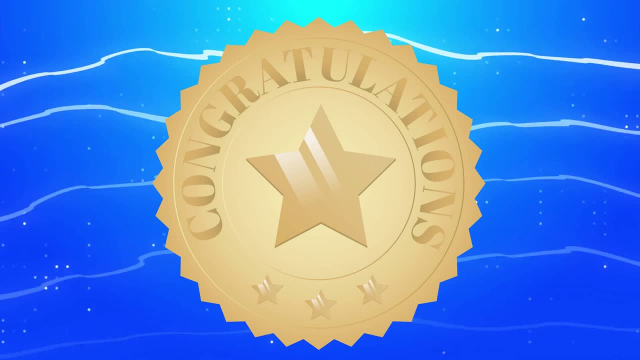 Animation of congratulations text on gold circle on patterned blue background