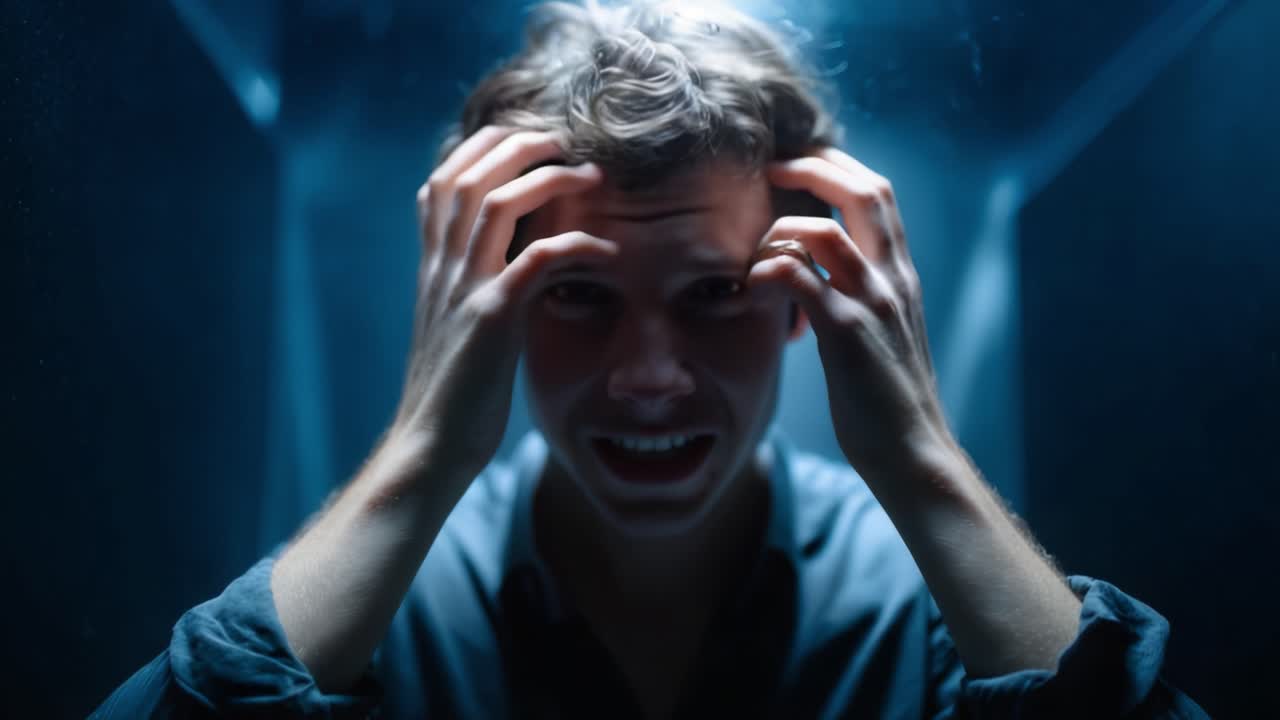 Struggling with Inner Turmoil as the Overwhelming Weight of Emotions Pushes Him to the Edge in a Dark, Confining Space, Capturing a Moment of Desperation