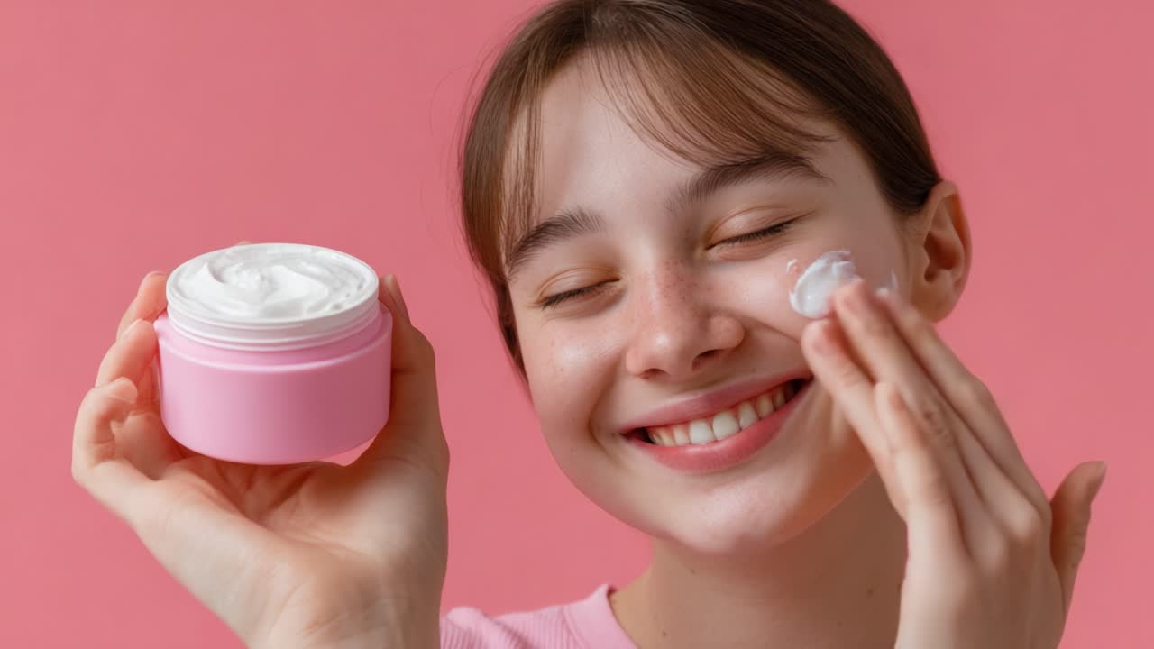 A cheerful young woman smiles while applying cream from a pink container to her face, showcasing skincare routine in a bright, playful setting