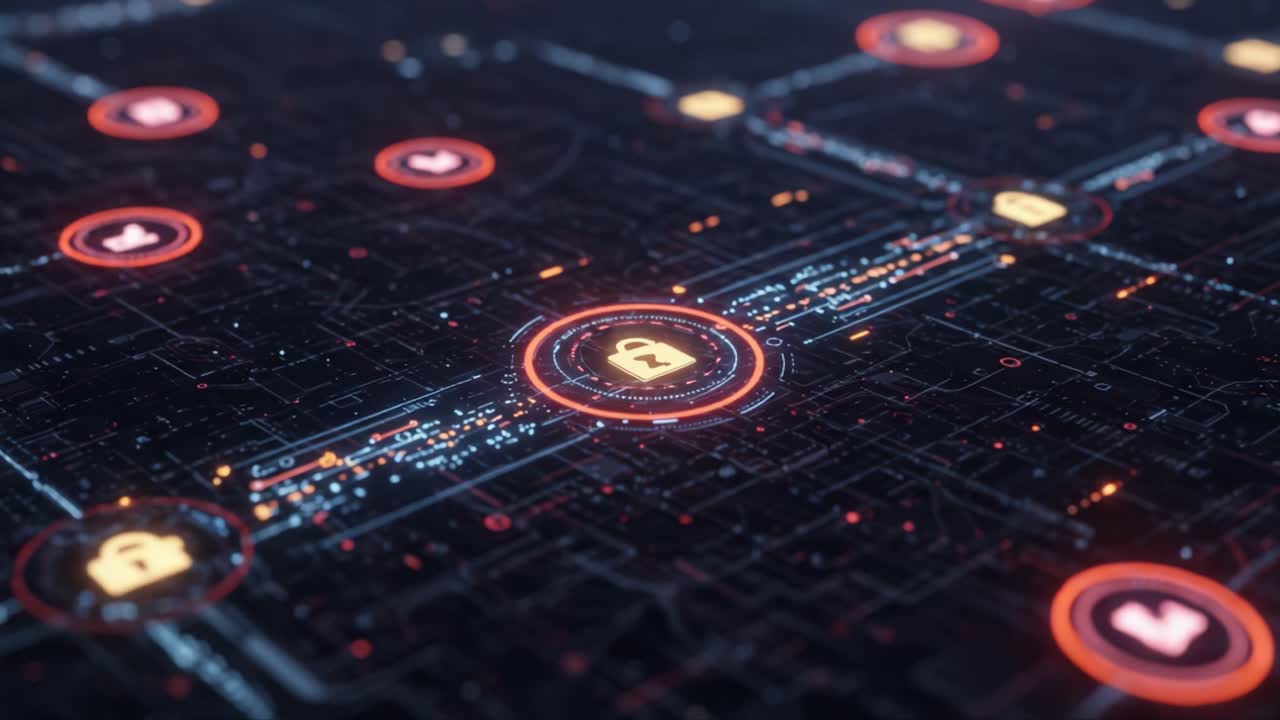 A Visualization of Cybersecurity Elements on a Digital Network: Lock Symbols Highlighting Data Protection and Connectivity in a Virtual Environment
