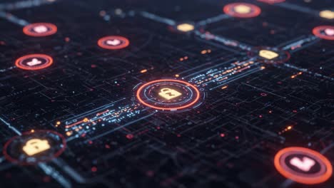a visualization of cybersecurity elements on a digital network: lock symbols highlighting data protection and connectivity in a virtual environment