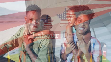 animation of usa flag over happy african american family