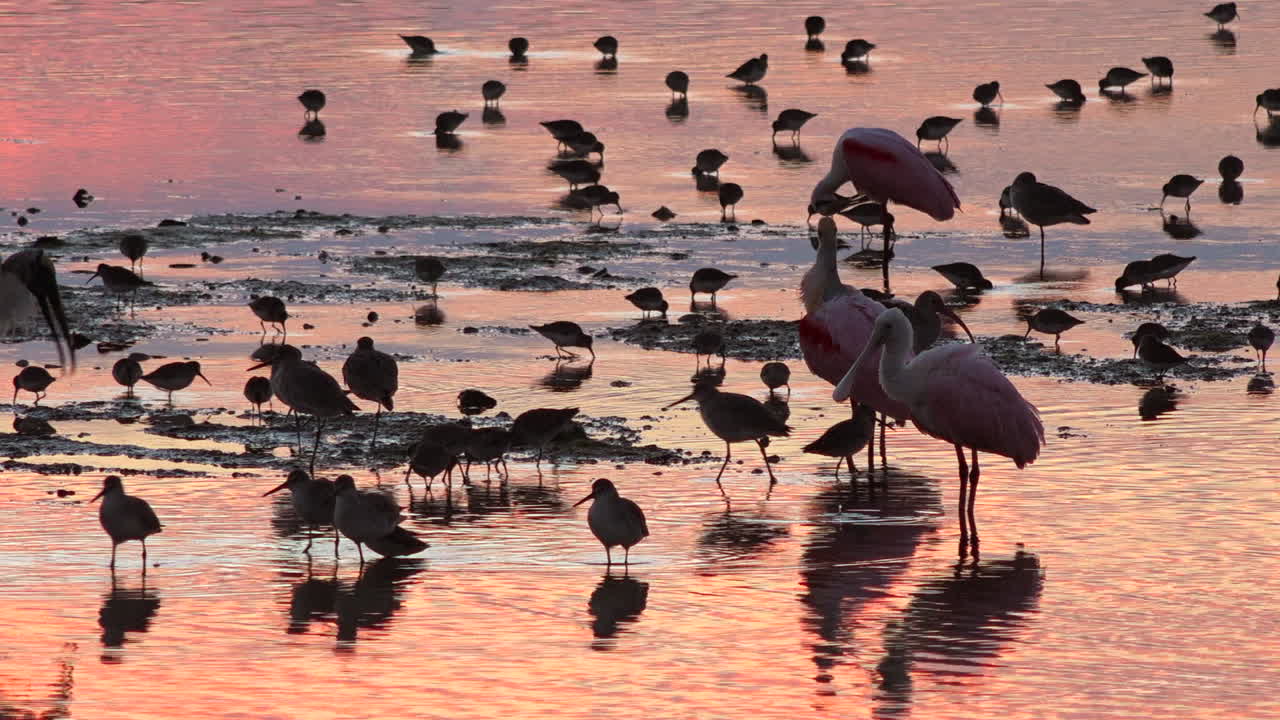 플로리다 해안을 따라 금빛 빛을 헤엄치는 도요·물떼새
