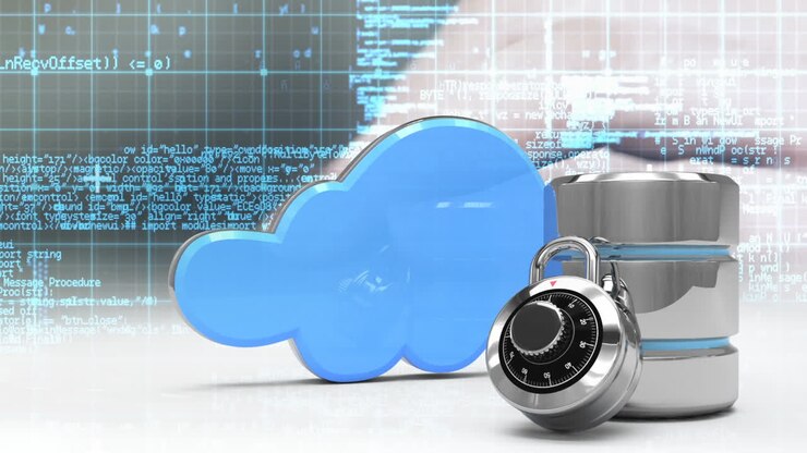 Icons of cloud security with close-up of hands typing