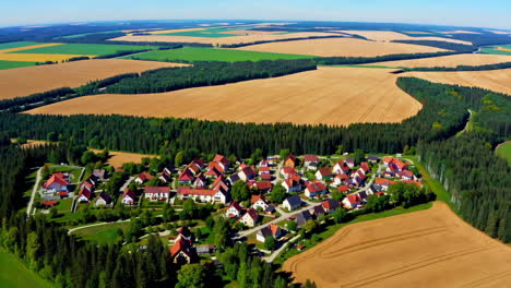 aerial view of a european village surrounded by farmland and forest