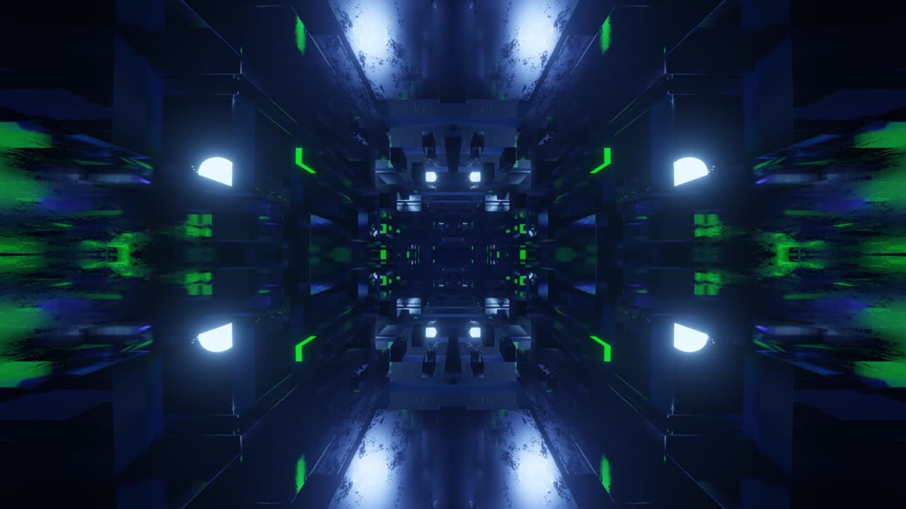 Fly through symmetrical technology cyberspace with neon glow. Sci-fi flight through hi-tech technology tunnel. Neon light. 3d looped 4k bg. sci-fi constructions, mysterious 3d objects