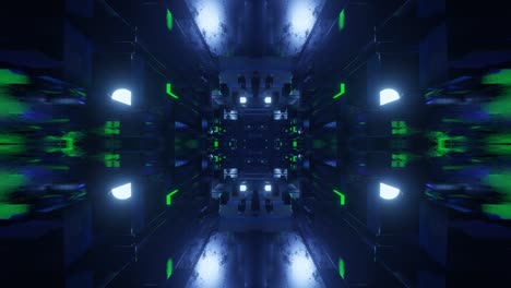 fly through symmetrical technology cyberspace with neon glow. sci-fi flight through hi-tech technology tunnel. neon light. 3d looped 4k bg. sci-fi constructions, mysterious 3d objects