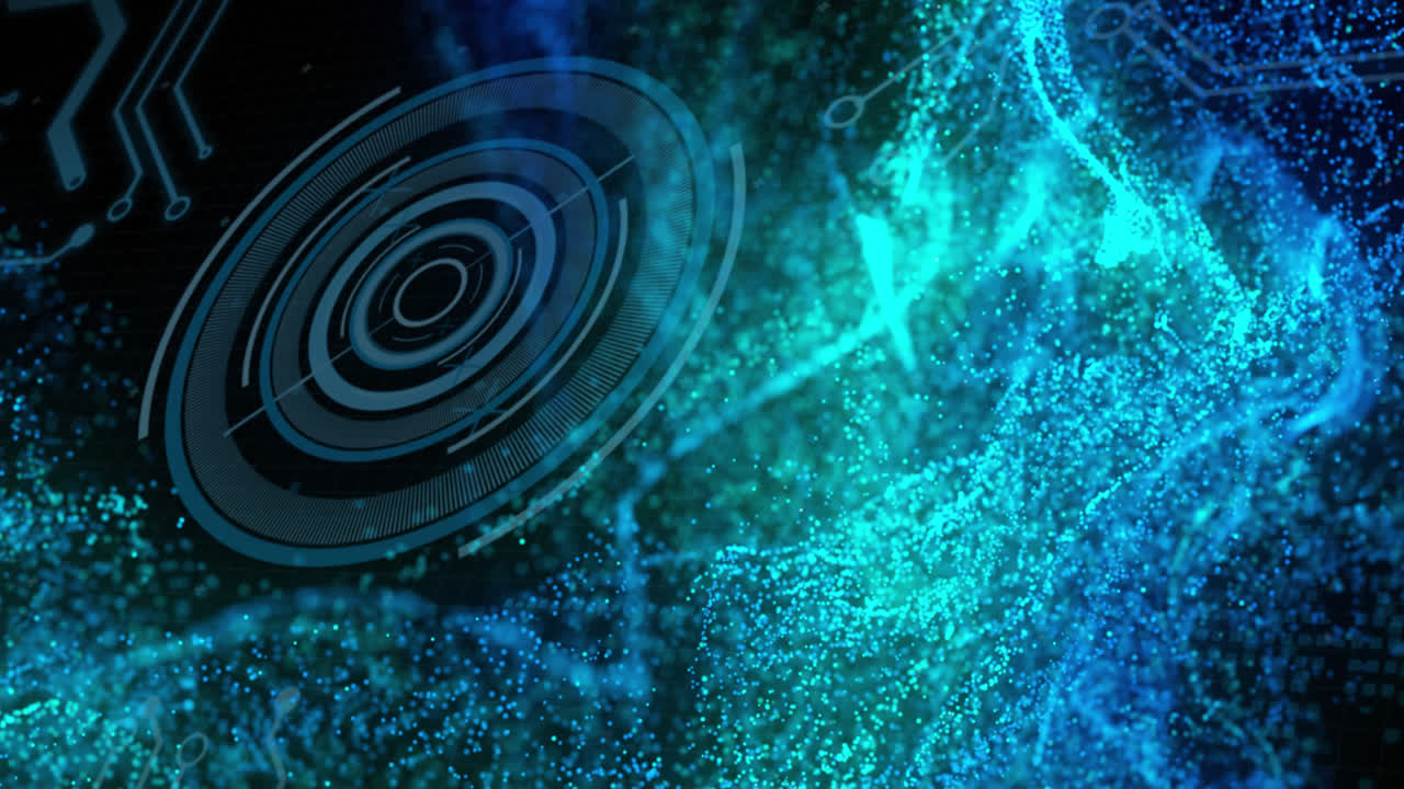 Animation of glowing blue digital wave over round scanner and microprocessor connections