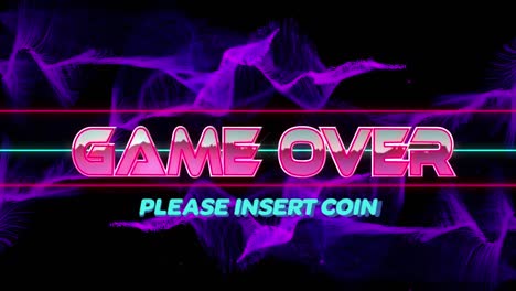 animation of game over and please insert coin text with lines over abstract background