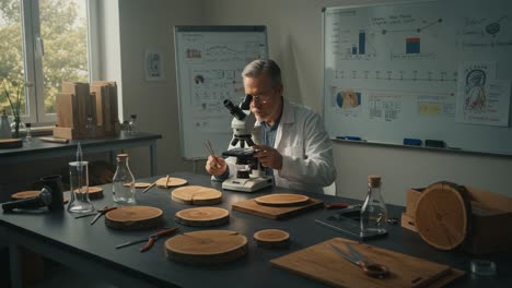 a dedicated scientist examines organic samples under a microscope in a laboratory setting, surrounded by research materials and scientific instruments